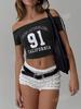 Verão Y2K Novo Cruzamento Americano Ajuste Slim Ombro Caído Estampa de Letras Top Sexy Quente Camiseta Feminina
