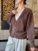 Cardigan de Punto de Lana Gruesa Cepillada Corto Otoño Invierno 2026 para Mujer, Cuello en V, Cachemir Esponjoso, Top Exterior Holgado