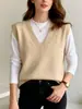Chaleco Suéter de Punto sin Mangas Transfronterizo para Mujer Primavera y Otoño Nuevo Holgado y Versátil Estilo Perezoso Jersey Chaleco de Cuello en V