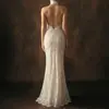 Vestido para Mujer, Vestido Blanco de Boda, Vestido Largo de Sirena con Cuello Halter de Encaje, Ropa para Citas, Espalda Descubierta, Corte Ajustado, Estilo Largo, Elegante