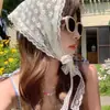 Lenço de cabeça triangular de renda com fita estilo francês para mulheres, estilo pastoral de outono, adorno de cabeça branco amarrado na cintura, lenço de cabeça vintage