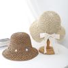 Chapéu de Palha com Laço de Renda Estilo Pastoral para Mulheres, Chapéu de Sol Dobrável para Férias de Verão e Viagem, Chapéu de Sol de Aba Larga Cúpula