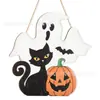 Decoraciones Populares Transfronterizas para Puertas de Halloween: Fantasma, Calabaza, Gato Negro, Señal de Decoración de Corona para Puerta Principal de Madera de Halloween