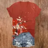 Estampa de Arte de Guarda-chuva de Flor de Cerejeira Retrô Camiseta Feminina Manga Curta Decote V Estampa de Flor de Cerejeira Personalização de Peça Única Pedido Mínimo