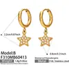 Novos brincos com pingente de pentagrama estilo europeu e americano, cravejados com zircônia, simples, modernos, versáteis, aço inoxidável banhado a ouro