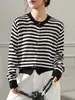 Cardigan Delgado Básico Elegante Rayado de Lino Bloques de Color Vibrante Cuello Redondo Versátil para Mujer Ropa de Exterior de Primavera y Verano para el Trabajo