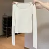 Venta al por mayor transfronteriza Otoño e Invierno Estilo Coreano Estilo Suave Cuello Cuadrado Manga Larga Tejido de Punto para Mujer Ajuste Delgado Top Interior Hombro Descubierto