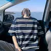 Camiseta de Verano Nueva Estilo Retro Americano a Rayas de Manga Corta para Hombres Adolescentes, Camiseta Holgada con Bloques de Color y Puntada de Contraste