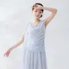 Top sem mangas para dança clássica com gola fluida, vestido de gaze de camada dupla com fitas, roupa de treino para mulheres, top de malha com visual de fada para performance