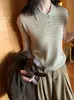 Suéter de Punto Delgado de Manga Corta con Cuello Solapa y Patrón de Trenza Suave Estilo Coreano Otoño Dulce 66901