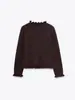 Exportación Transfronteriza 2025 Nuevo Otoño Dulce Reductor de Edad Cuello Hoja de Loto Tejido Aspecto Adelgazante Versátil Camiseta de Manga Larga Base para Mujer