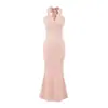 Vestido largo de encaje con escote en V profundo y cuello halter de tiras, diseño de cordones, falda de sirena, nuevo estilo de verano, entallado a la cintura, ajustado al cuerpo, que realza la figura.