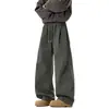 Pantalones de ajuste holgado, lavados, estilo vintage, color verde militar, pierna ancha, patchwork, ajuste moderno estilo americano con pliegues de guadaña para hombre