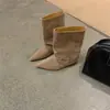 Botas vaqueras occidentales de ante para mujer, estilo retro minimalista, para aumentar la altura, caña ancha, punta fina, versátiles, adelgazantes, botas de moda