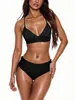 Conjunto de Biquíni Preto Europeu e Americano 2027 para Mulheres, Cor Sólida, Decote V, Costas Cruzadas com Tiras, Cintura Alta, Amarrar, Duas Peças, Maiô Sexy