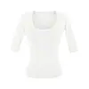 Camiseta Sexy de Estilo Americano con Cuello en U y Mangas Medias de Color Sólido, Nueva Moda de Verano Versátil Ajustada Corta para Mujer