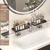 Lavabo de acero inoxidable 304, grifo de pie, estante de almacenamiento, tocador de baño, frente de espejo, instalación sin taladro