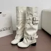Fivela de cinto retrô europeia e americana, salto grosso, que aumenta a altura, efeito emagrecedor, botas de perna larga para mulheres, nova coleção outono/inverno 2026, botas longas, botas justas