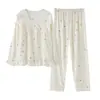 Pijama de Algodón Nube para Mujer, Estilo Princesa Primavera y Otoño Encaje Manga Larga Dulce Casual Delgado Conjunto de Ropa para el Hogar para Mujer