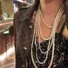 Colar de Pérolas em Camadas Flor de Íris Vintage Longo de Alto Valor Exquisito Versátil Moda