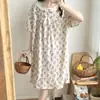 Pijama Novo Estilo Verão Feminino Camisola de Manga Curta Renda Algodão Falso Tecido Amassado Desenho Animado Manga Curta Comprimento Médio Fofo Doce Camisola