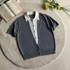 Camiseta de Tricô Manga Curta Gola Lapela Falsa de Duas Peças Estilo Old Money Patchwork Color Block Luxo Casual para o Trabalho