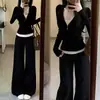 Conjunto de top e calça de perna larga, estilo falso duas peças, slim fit, para mulheres, estilo coreano de outono, moderno, modelador, solto, casual e esportivo