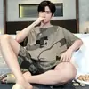 Chegada Nova Transfronteiriça Pijamas Masculinos de Verão Manga Curta Conjunto Estilo Coreano Solto Tamanho Grande Desenho Animado Casual Roupa de Fora Roupas de Casa