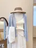 2026 Nuevo Cárdigan de Punto de Lino Tencel con Cuello, Cool-Touch, de Alta Calidad, para Mujer, Color Sólido, Delgado, Camisa Protectora del Sol para Aire Acondicionado, Azul Claro