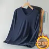 Camiseta Térmica de Manga Larga para Hombre con Cuello en V, Top de Color Sólido para Otoño e Invierno, Capa Base Cálida de Forro Polar por Ambos Lados