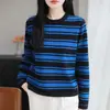 Camiseta de tricô listrada de manga longa 100% algodão transfronteiriça para mulheres, camisa básica casual solta com gola redonda e ombro normal