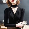 Fu Sheng Ji - Camiseta de manga larga con cuello colgante para otoño e invierno, nueva camisa con base interior y escote en V cruzado, estilo occidental, productos europeos