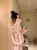 Pijama de Vellón Coral para Mujer Invierno Grueso Ropa Exterior Lindo Franela Ropa para el Hogar Traje Cárdigan Largo Holgado a la Moda