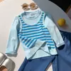 Chal de punto para niña con camiseta de manga larga, Top de retazos en colores caramelo para primavera y otoño, Elegante base de imitación de dos piezas para bebé