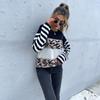 Bai Fen Zhi Yi Amazon Comercio Transfronterizo Otoño Suéter Holgado de Cuello Redondo con Estampado de Leopardo en Negro y Blanco Patchwork para Mujer