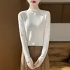 Camiseta básica de color liso para mujer, cuello semi-alto, forrada de polar, corte ajustado, cálida, de manga larga, tejido de punto para otoño e invierno