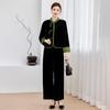 Traje de dos piezas de pantalón ancho de terciopelo dorado estilo chino para mamá, chaqueta de manga larga para mujeres de mediana edad y mayores, moda de otoño