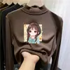 Camiseta térmica infantil de fleece dupla face, novo estilo outono/inverno, camada interna quente e macia para meninas, gola semimangata, top autotérmico