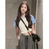 Top curto de algodão com blocos de cor para mulheres, camisa base justa, nova camiseta cropped de manga curta de cintura alta para o verão, moderna