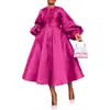 BN311 comércio exterior transfronteiriço roupas femininas europeias e americanas outono e inverno novo cor sólida brilhante solta botão manga lanterna vestido