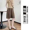 Pantalones cortos de Lyocell Tencel color verde grisáceo para mujer, estilo de verano finos, pantalones casuales rectos holgados de lino de pierna ancha de longitud media para personas petite