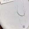 Colar com Pingente Estrela de Diamante Pérola Prateada Quebrada de Camada Dupla Corrente de Clavícula Popular Nova para Mulheres Estilo Doce e Cool