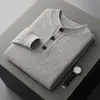 Suéter para hombre de cuello redondo 100% lana pura, nuevo para otoño e invierno, grueso, con media botonadura, camisa base, cálido suéter de punto pullover