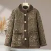 Jaqueta de algodão com estampa floral retrô e gola alta para mulheres, meia-idade e idosos, forrada com fleece para aquecimento, caimento solto, plus size, novo estilo