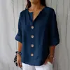 2025 Transfronterizo Amazon Europeo y Americano Verano Nuevo Comercio Exterior Camisa Holgada para Mujer Cuello en V Algodón y Lino Botones Arriba Camiseta para Mujer