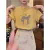 Camiseta de Algodão Puro com Ombro Normal, Gola Redonda e Manga Curta para Mulheres, Blusa Top Amarelo Manga Fashion e Versátil, Primavera/Verão 2026
