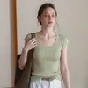 Blusa de tricô de manga curta com gola U para mulheres, novo estilo verão 2023, corte justo, modeladora, blusa de base 324