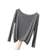 Camiseta base de algodão modal para primavera e verão para mulheres, camiseta de manga comprida plus size, corte solto, sem costura, ombro a ombro, top fino
