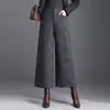 Calça de lã elegante e versátil de perna larga para mulheres, novo estilo outono 2026, cintura alta, fluida, modeladora, quente, calça casual da moda