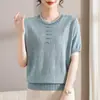 Novo Estilo Blusa de Tricô de Seda Gelada de Manga Curta para Mulheres de Meia-Idade e Idosas, Roupa de Verão Elegante e Soltinha para Mães